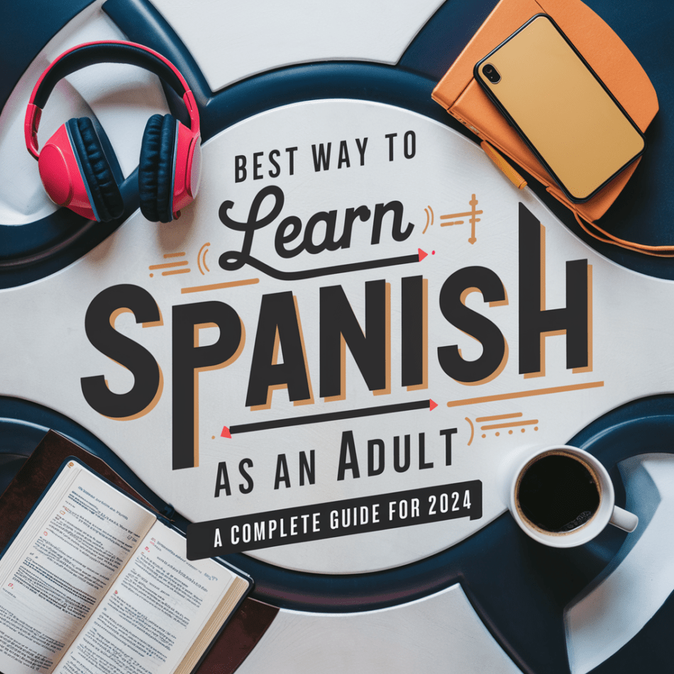 Best Way to Learn Spanish as an Adult 2024 | Image shows pair of headphones, textbook, and a cup of coffee